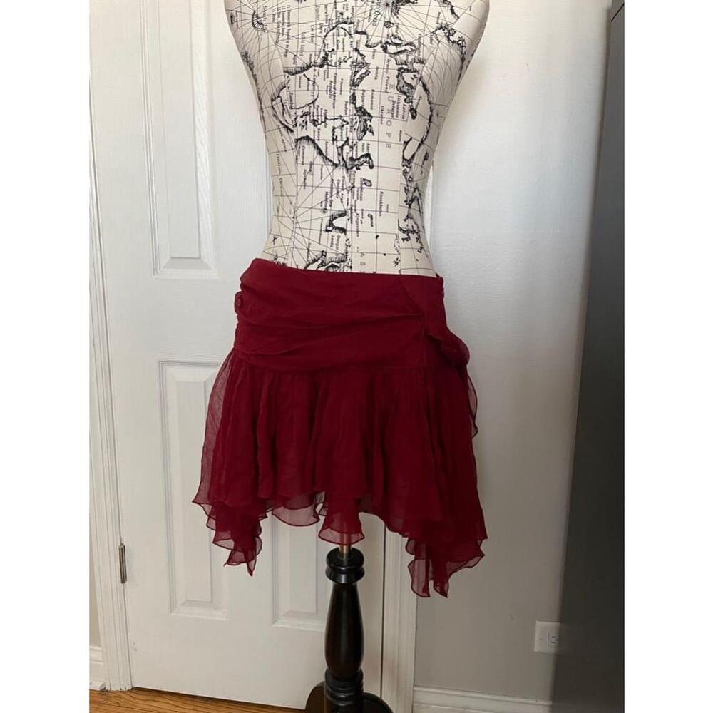 Bebe Silk Vintage y2k Asymmetrical Ruffle layer cheerleader maroon tie skirt M